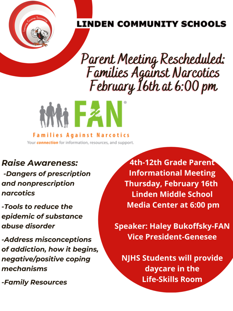 Parent Meeting flyer for Families Against Narcotics on February 16th at 6 pm Linden Middle School 