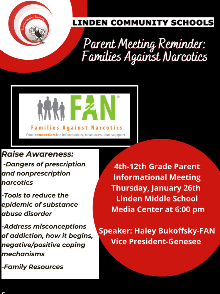 Parent Meeting flyer for Families Against Narcotics on January 26th at 6 pm Linden Middle School 
