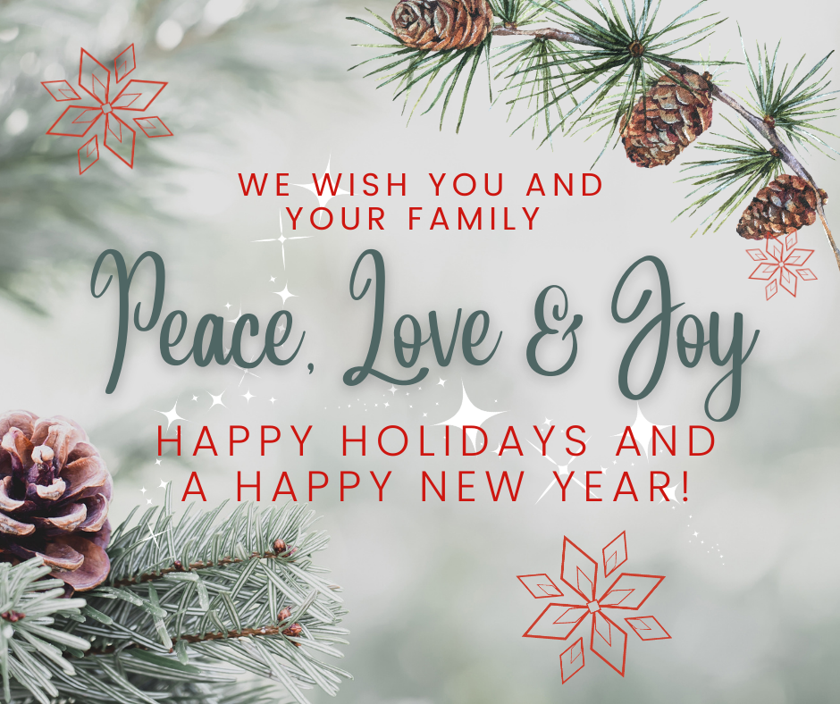 Image of pine branches with text we wish you and your family peace, love & joy happy holidays and a happy new year