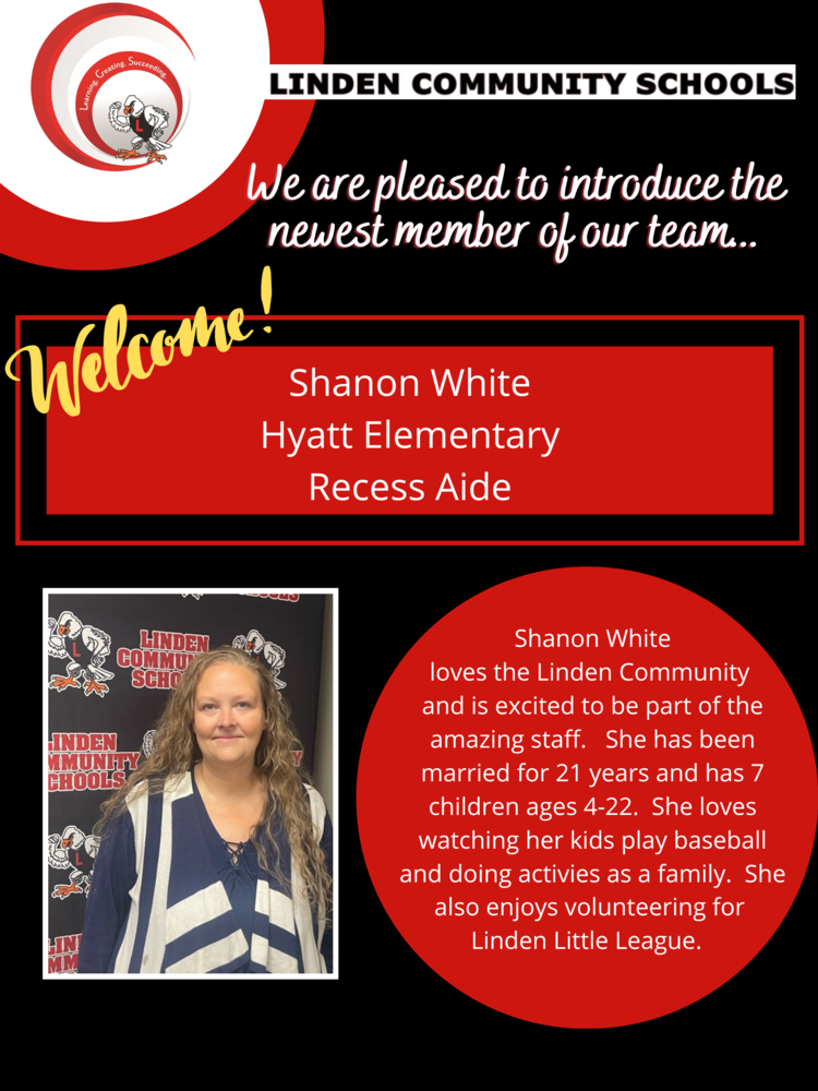 image of women with text welcome shanon white to hyatt elementary recess aide
