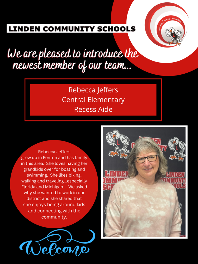 Image of woman in glasses with text "We are please to introduce the newest member of our team...Rebecca jeffers Central Elementary Recess Aide