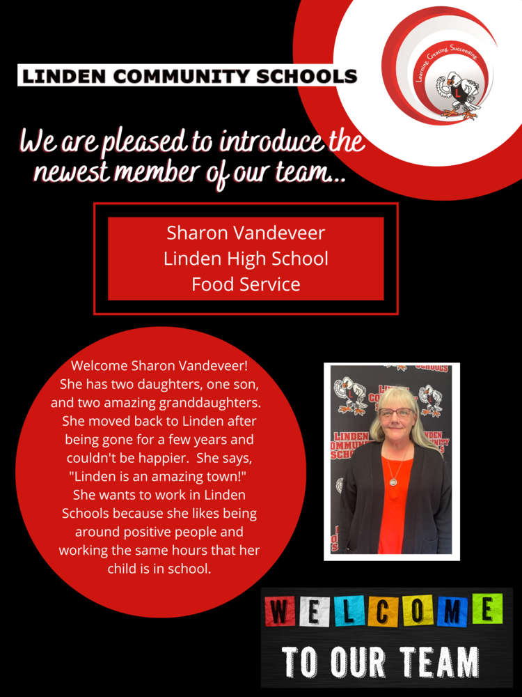 Image of women with text We are please d to introduce the newest member of our team...sharon vandeveer linden high school food service