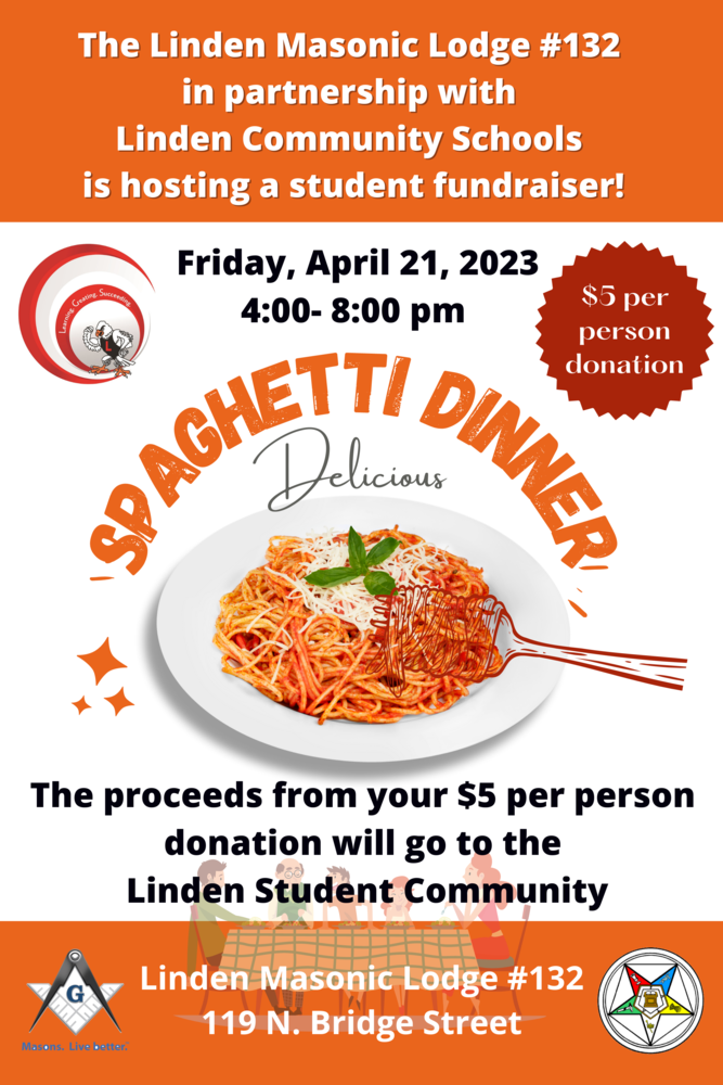 Image of spaghetti with text Linden MAsonic Lodge and Linden Community Schools is hosting a student fundraiser Friday, April 21, 2023 4-8 pm