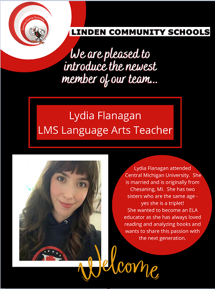 Picture of young woman with long brown hair with words "We are pleased to introduce the newest member of our team, Lydia Flanagan".