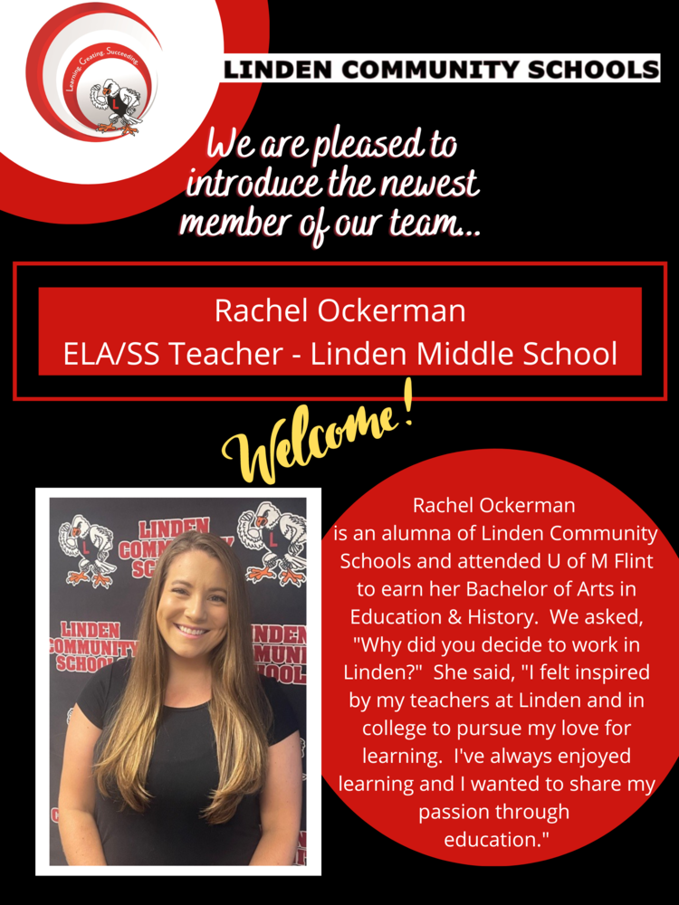 Image of new female teacher at Linden Middle School with text stating Rachel Ockerman is a Linden alumna and looks forward to being a teacher at Linden Schools