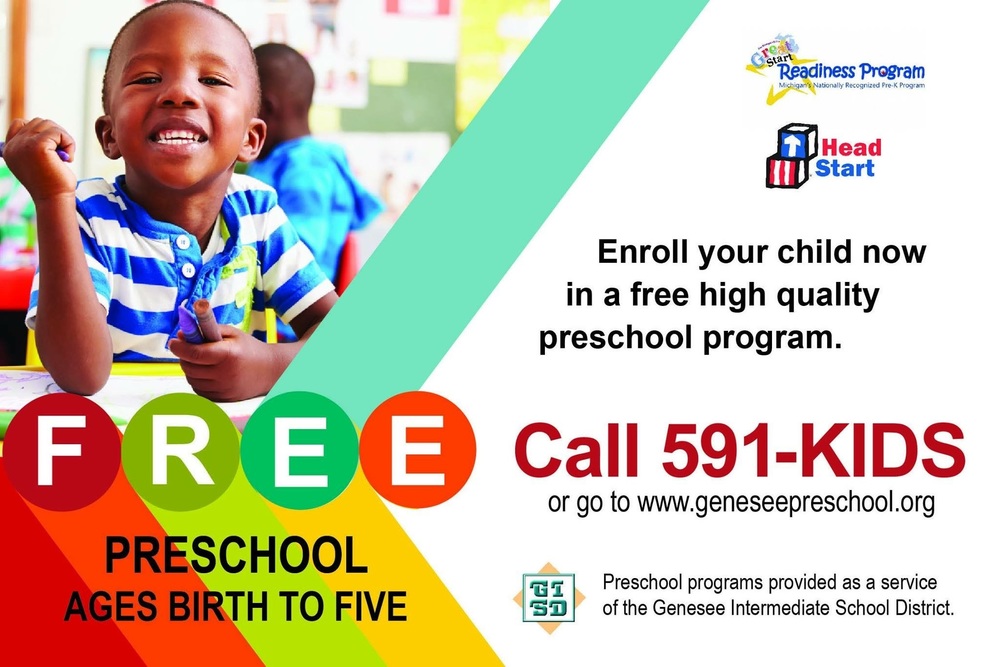 Picture of young boy with words "Enroll your child now in a free high quality preschool program for ages birth to five" and  "Call 591-kids or go to www. geneseepreschool.org