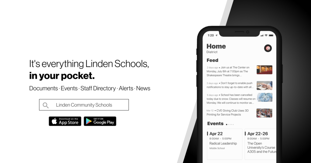 Picture of cell phone App with the search term "Linden Community Schools"