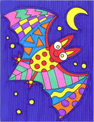 Flying Halloween Bat with stars and a cresent moon