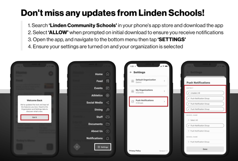 Picture of cell phone App with the search term "Linden Community Schools"