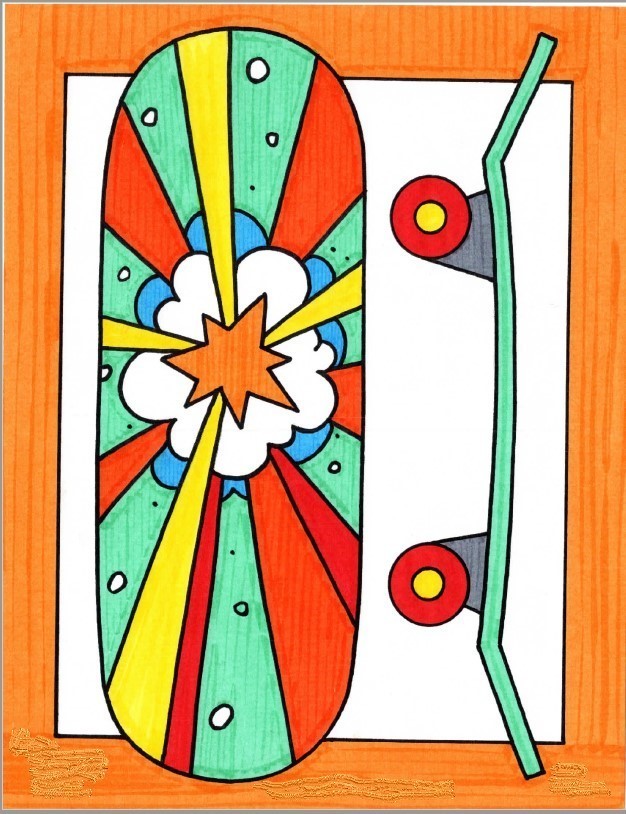 Multi colored skateboard front and side view
