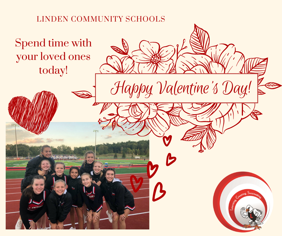 A group of cheerleaders with the words "Happy Valentine's Day! Spend time with your loved ones today."