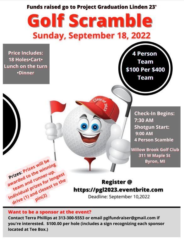 Image of Golf ball with club and hat stating there is a golf scramble sunday, september 18, 2022  register @https://ph12023.eventbrite.com