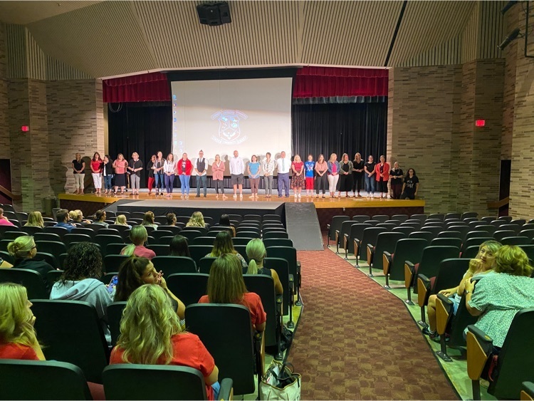 Large group of new employees standing in a line on an auditorium stage