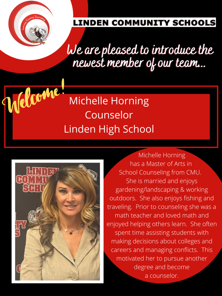Photo of women with welcome message "Welcome Michelle Horning Counselor Linden High School!