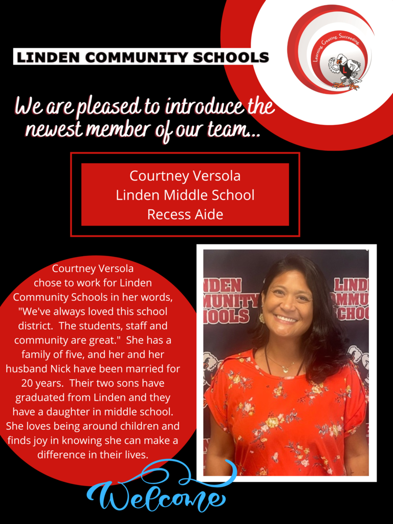 Image of woman with dark hair with text "Welcome Courtney Versola to Linden Middle School Recess Aide"