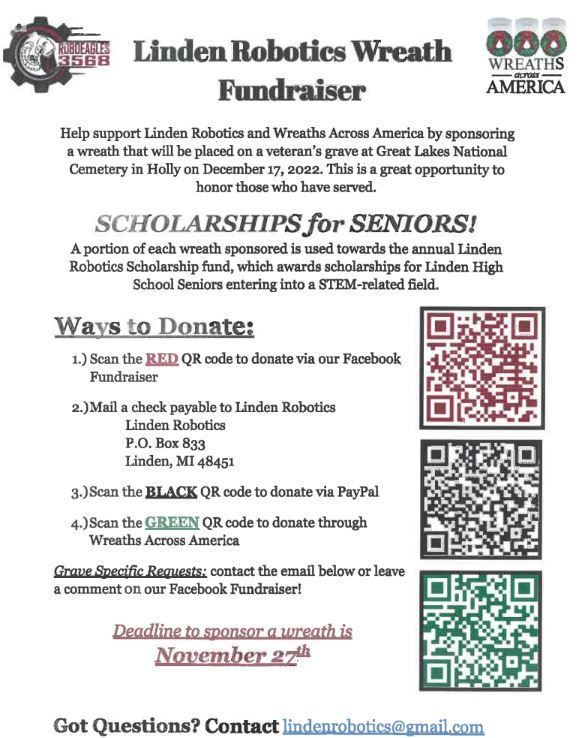 image with scan of ways to donate to Linden Robotics Wreath Fundraiser.  Questions contact lindenrobotics@gmail.com