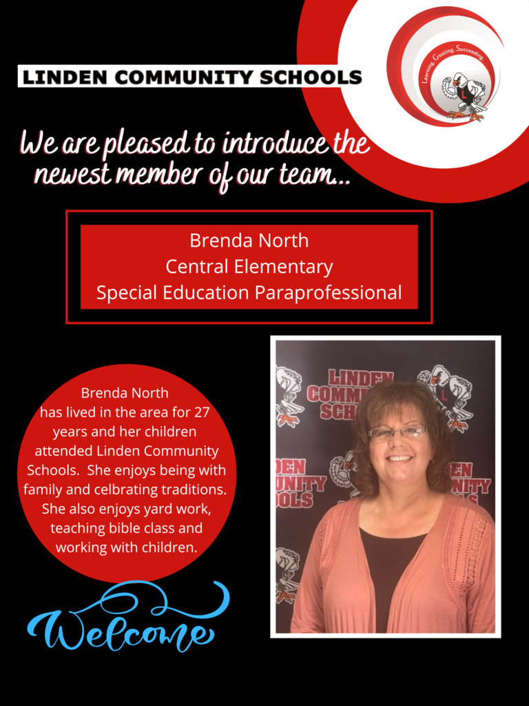 Image of woman stating we are pleased to introduce the newest member of our team Brenda North Central Elementary Special Education Paraprofessional