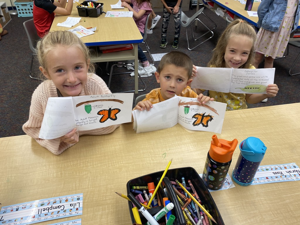 Children showing their monarch butterfly life cycle drawings.