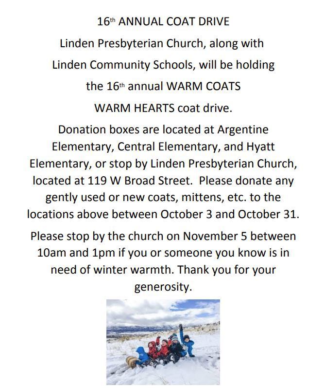 image of students sledding - text linden Presbyterian church 16th annual coat drive.