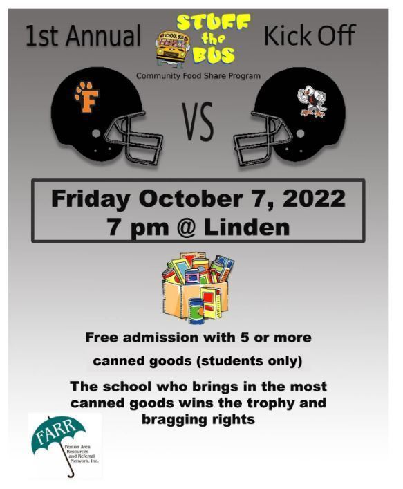image of bus and two football helmets - free admission with 5 or more canned goods (students only) for the Linden vs. Fenton Football game Friday, october 7, 2022 7 pm at Linden