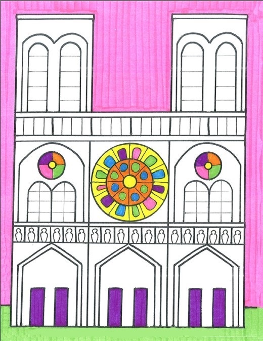 Colorful cartoonish drawing of Notre Dame