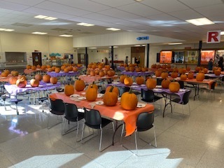 Pumpkins on tables in the cafeteria