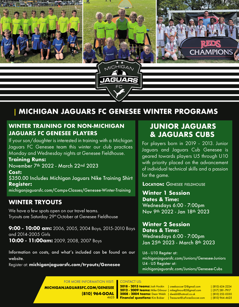 MI Jaguars FC Genesee Winter Programs call 810-964-GOAL