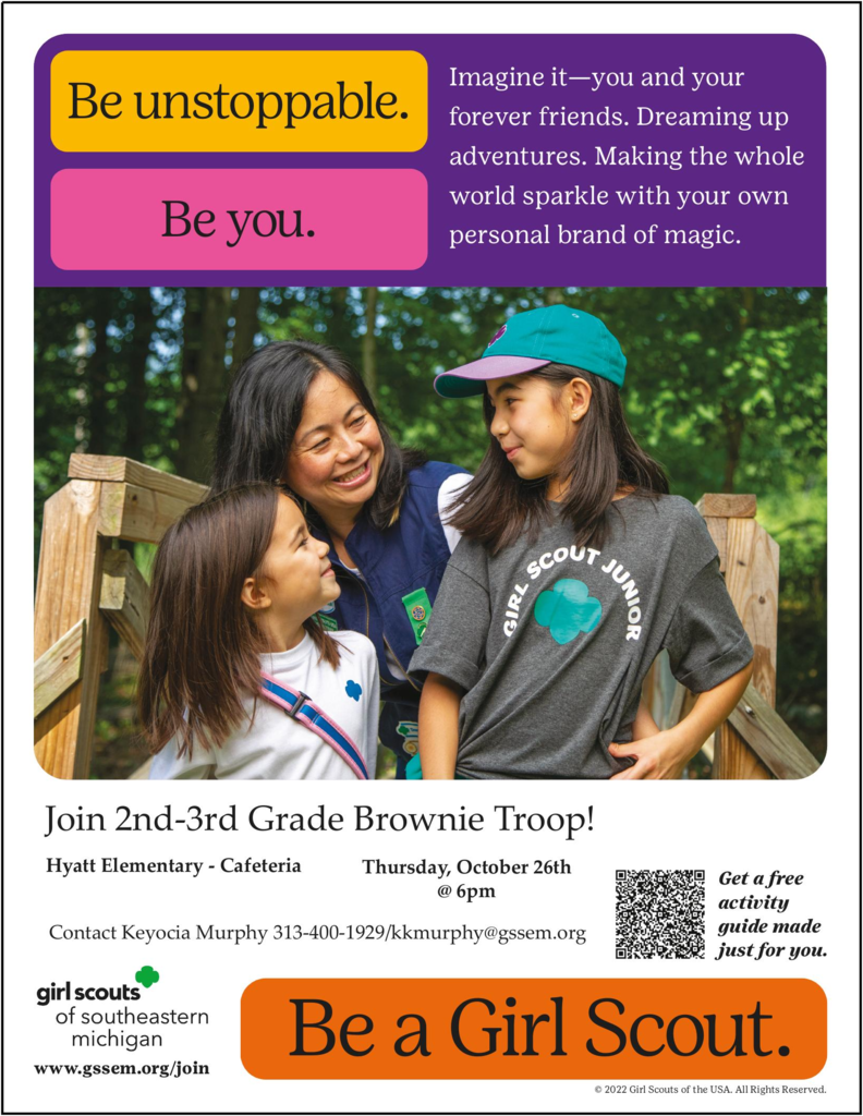 image of girls-text says join 2nd-3rd grasde brownie troop!  Hyatt Elementary Cafeteria Thursday, October 26th @ 6 pm