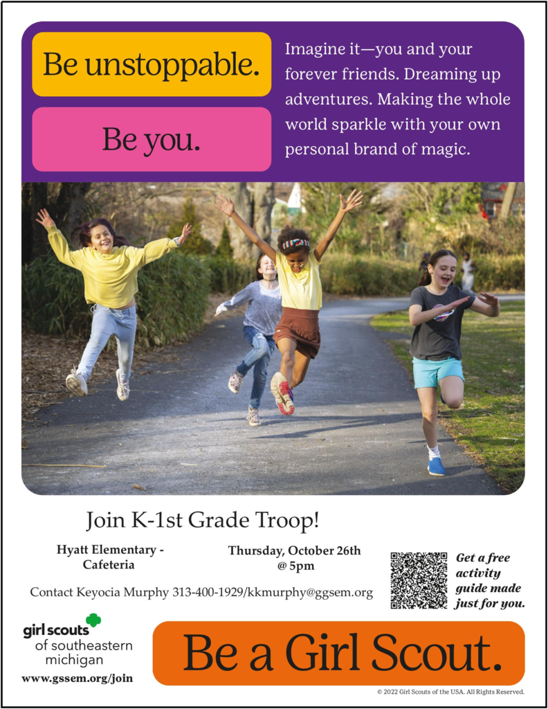 images of girls jumping in air with text Be a Girl Scout. Join k-1st grade troop Hyatt Elementary Cafeteria Thursday, October 26th @ 5 pm