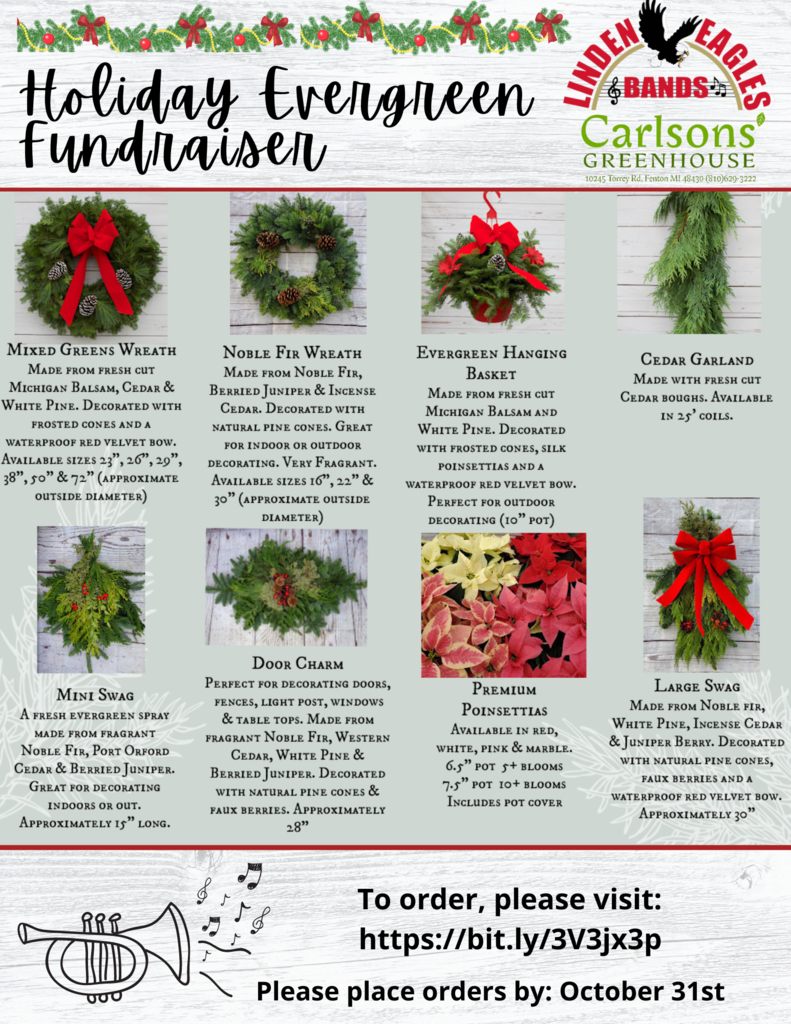 holiday evergreen fundraiser for linden eagles bands with image of wreaths.