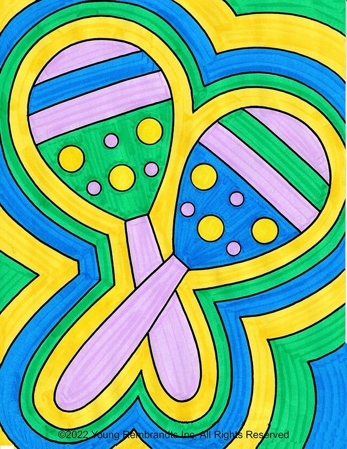 A pair of maracas in bright yellow, blue, green and pink