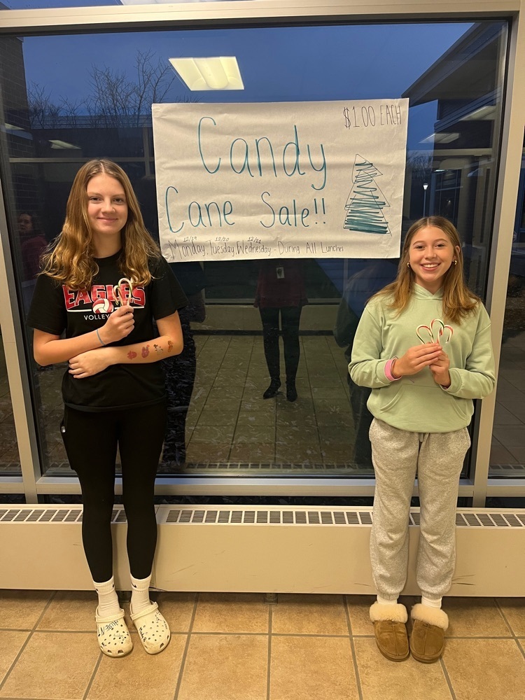 Two students standing in front of a poster for the candy cane sale￼