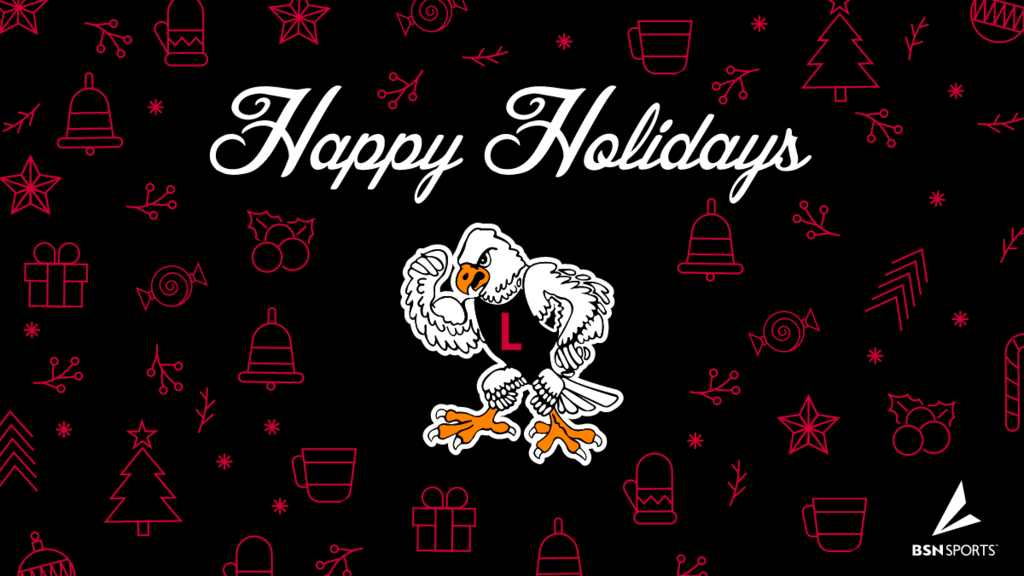 drawing of an eagle flexing arm and wearing a black shirt with a red L under a sign that says "Happy Holidays" on a black background with red outlined shapes of bells, mugs, Christmas trees, mittens and holly.