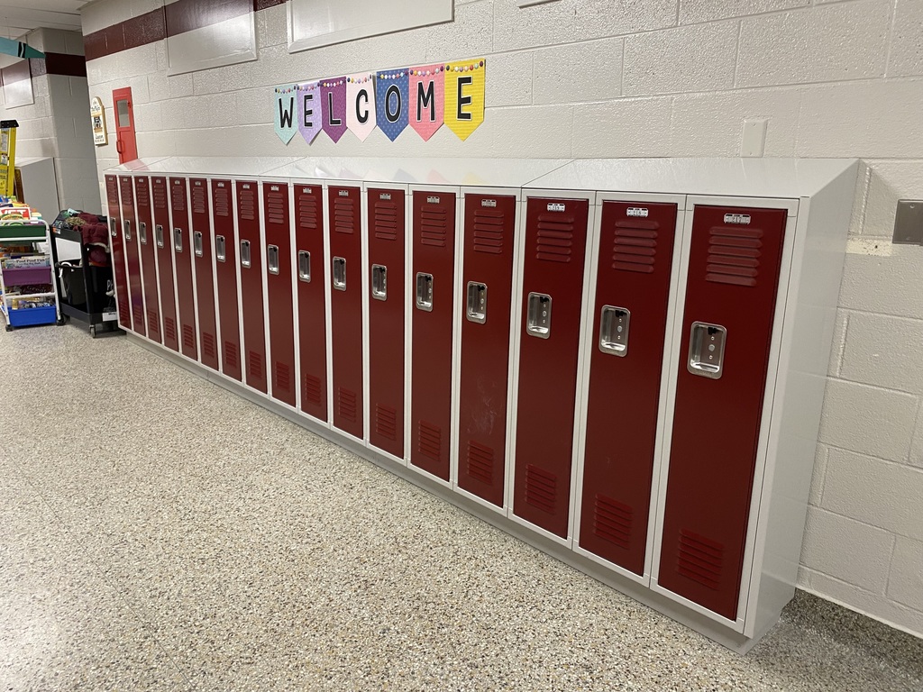 red school lockers in hallway