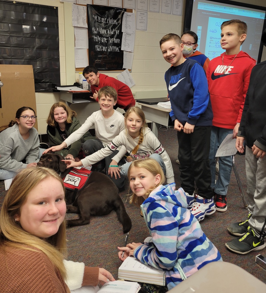 a small group of 11 smiling students sit and stand around a chocolate lab in a red vest.
