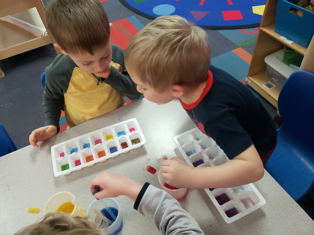 Two kids have white ice cube trays in front of them.  The ice cube trays have various colors in each section.  There is also containers of red, yellow, and blue water with pipets in them on the table.