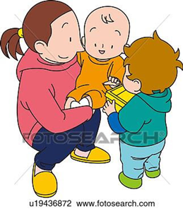 Clip art of girl dressed in pink holding a baby with a small child looking on