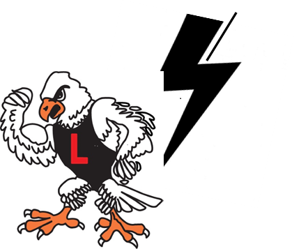 Eagle dressed in red and black with a lightening bolt beside the eagle