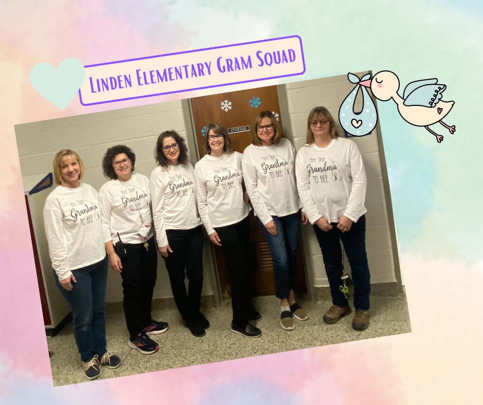 Six women wearing white t-shirts that say "First time Grandma to Bee"