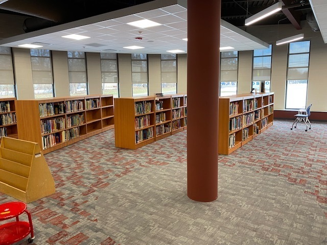 book shelves filled with books in media center at Linden Elementary